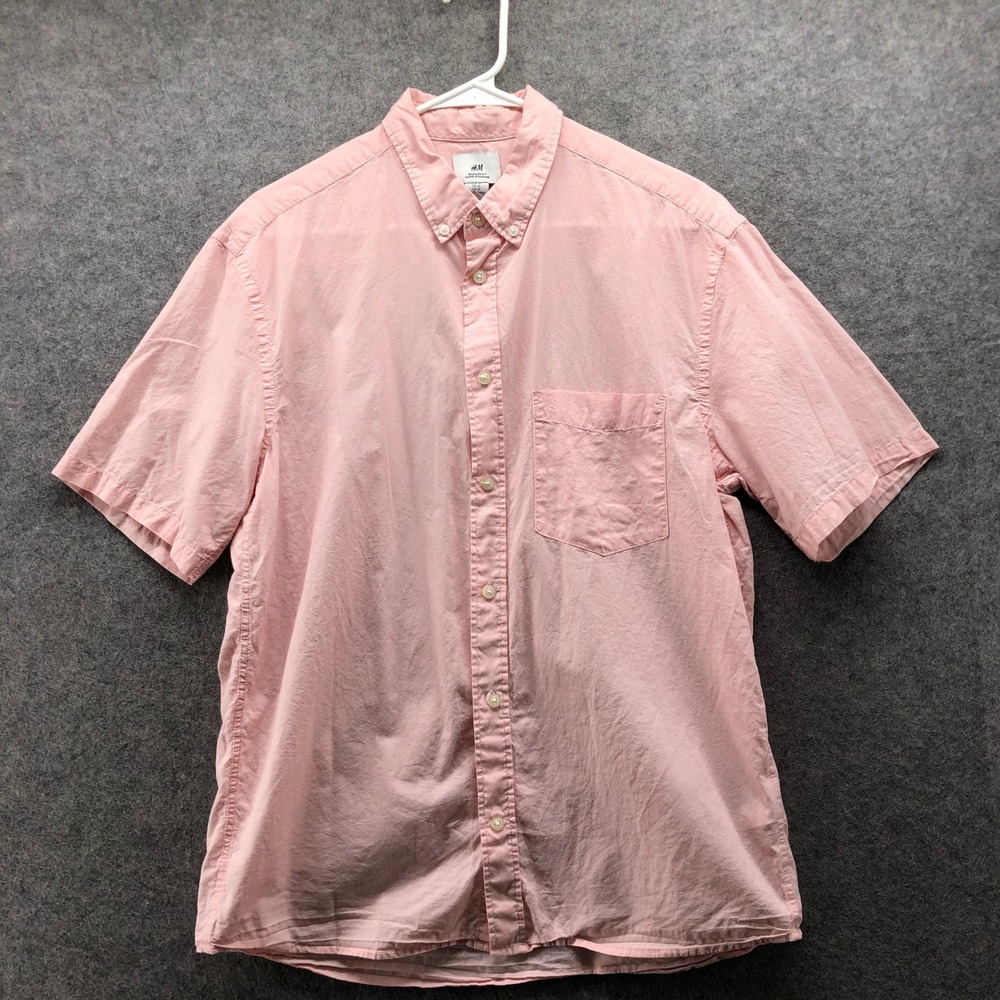 HM Regular Fit Button Down Shirt Mens Medium Pink Short Sleeve Cotton Casual Top